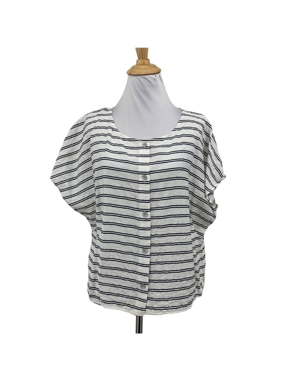 Cabi Top Women M Medium White Indigo Sail Away Striped Cap Sleeve Button Boxy